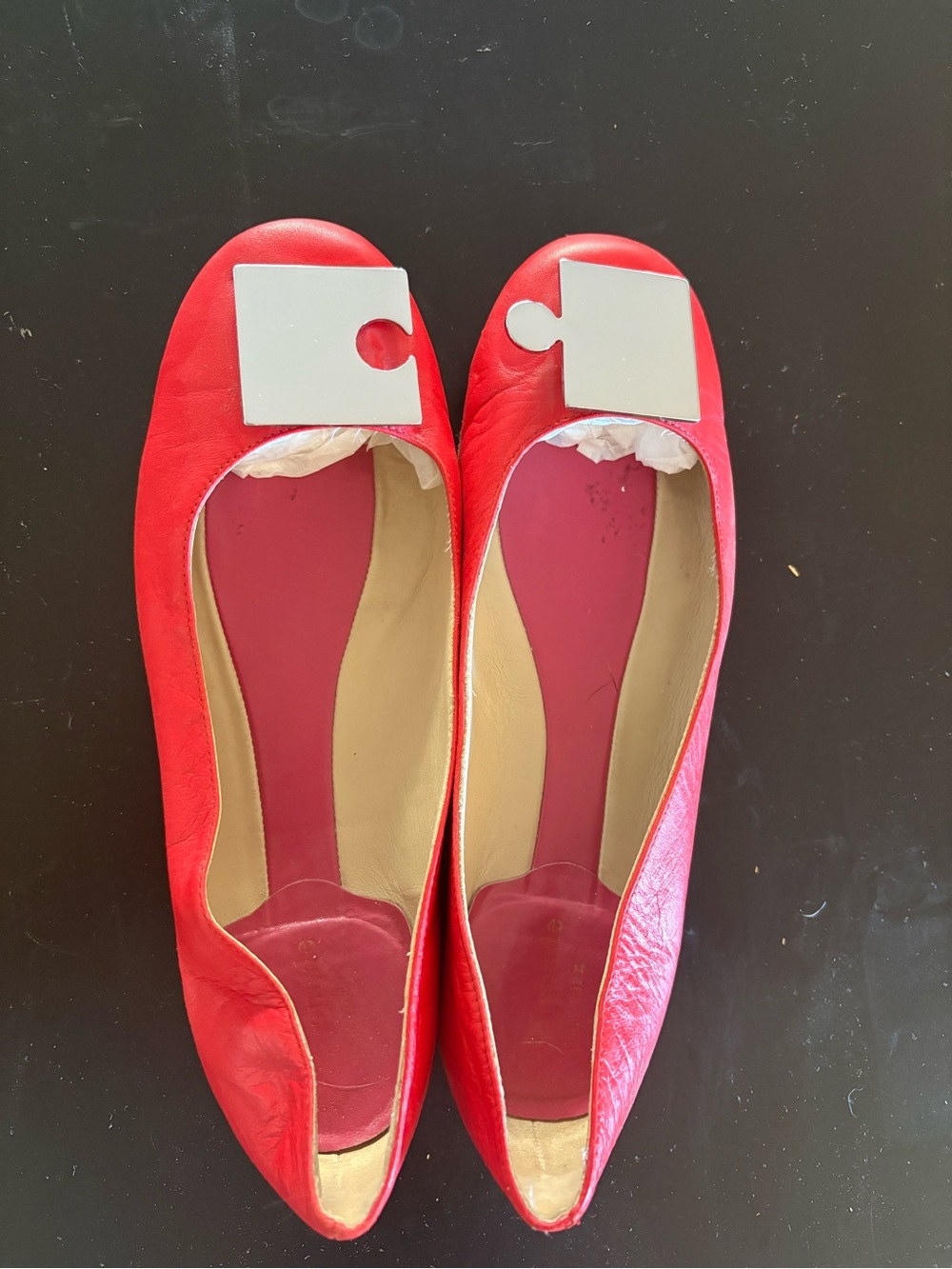 kate spade Coral Red Leather Ballet Flats with Silver Puzzle Accents Sz 7 - RARE